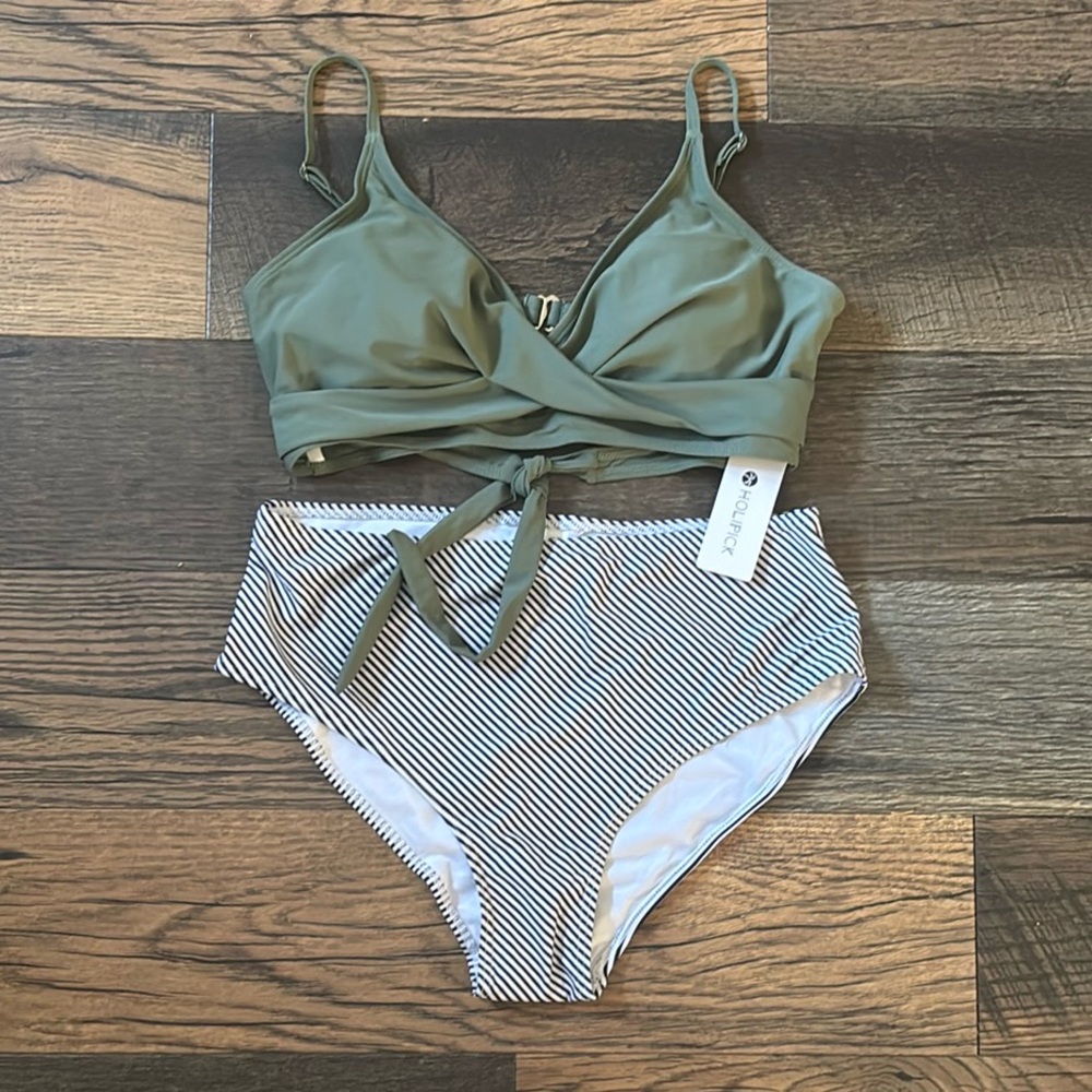 Olive Wrap Bikini Top with Striped High-Waist Bottom - Women Swim
